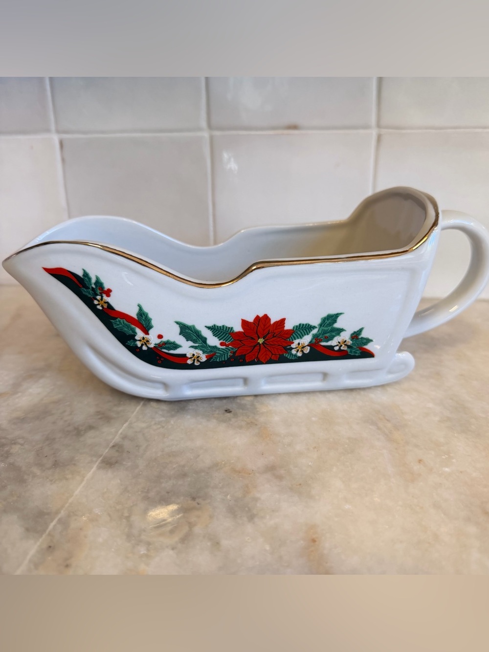 TIENSHAN Holiday Poinsettia Ceramic Sleigh Gravy Boat